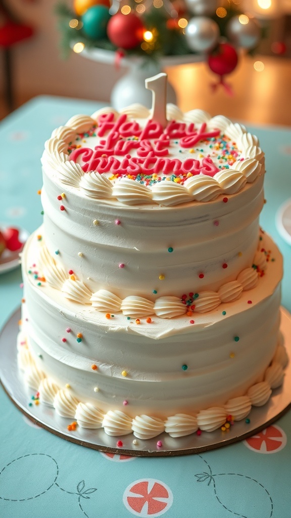 A two-layer vanilla cake decorated with whipped cream and festive sprinkles, set on a holiday-themed table.